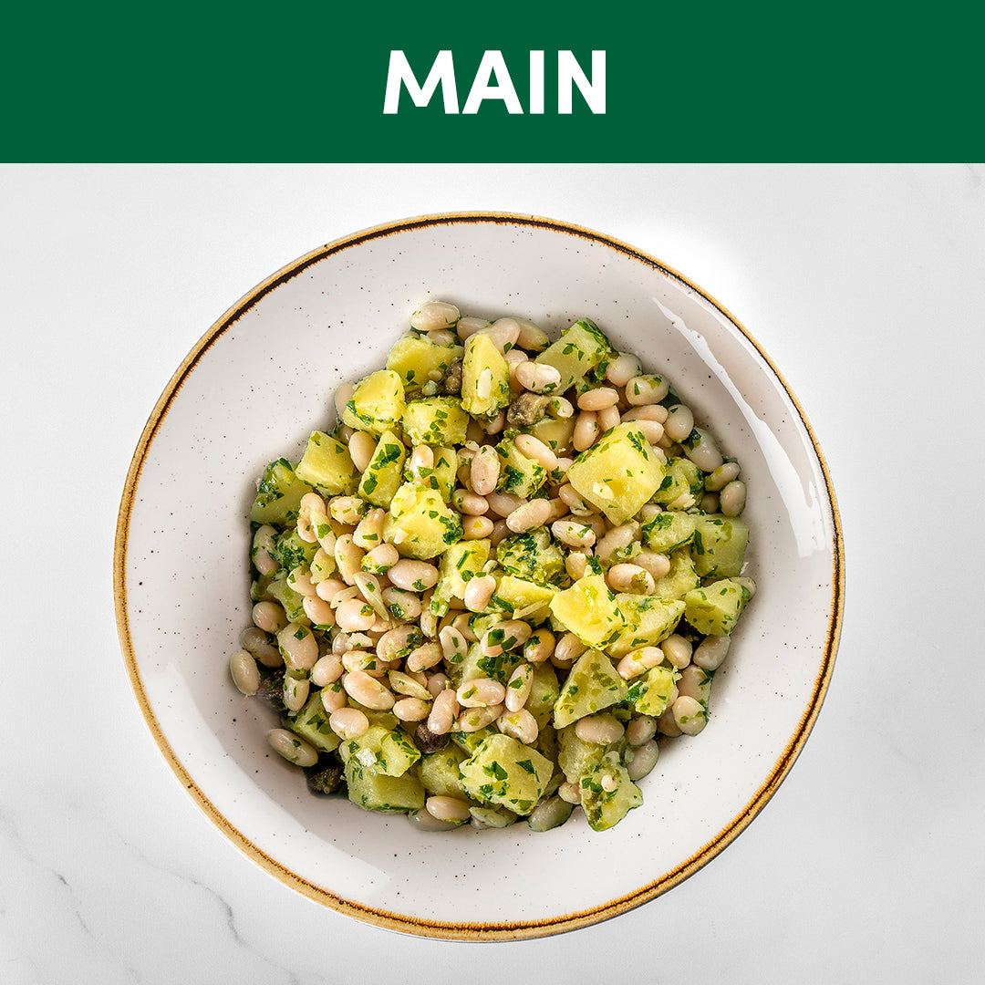 Insalata di patate, fagioli cannellini, alghe e capperi