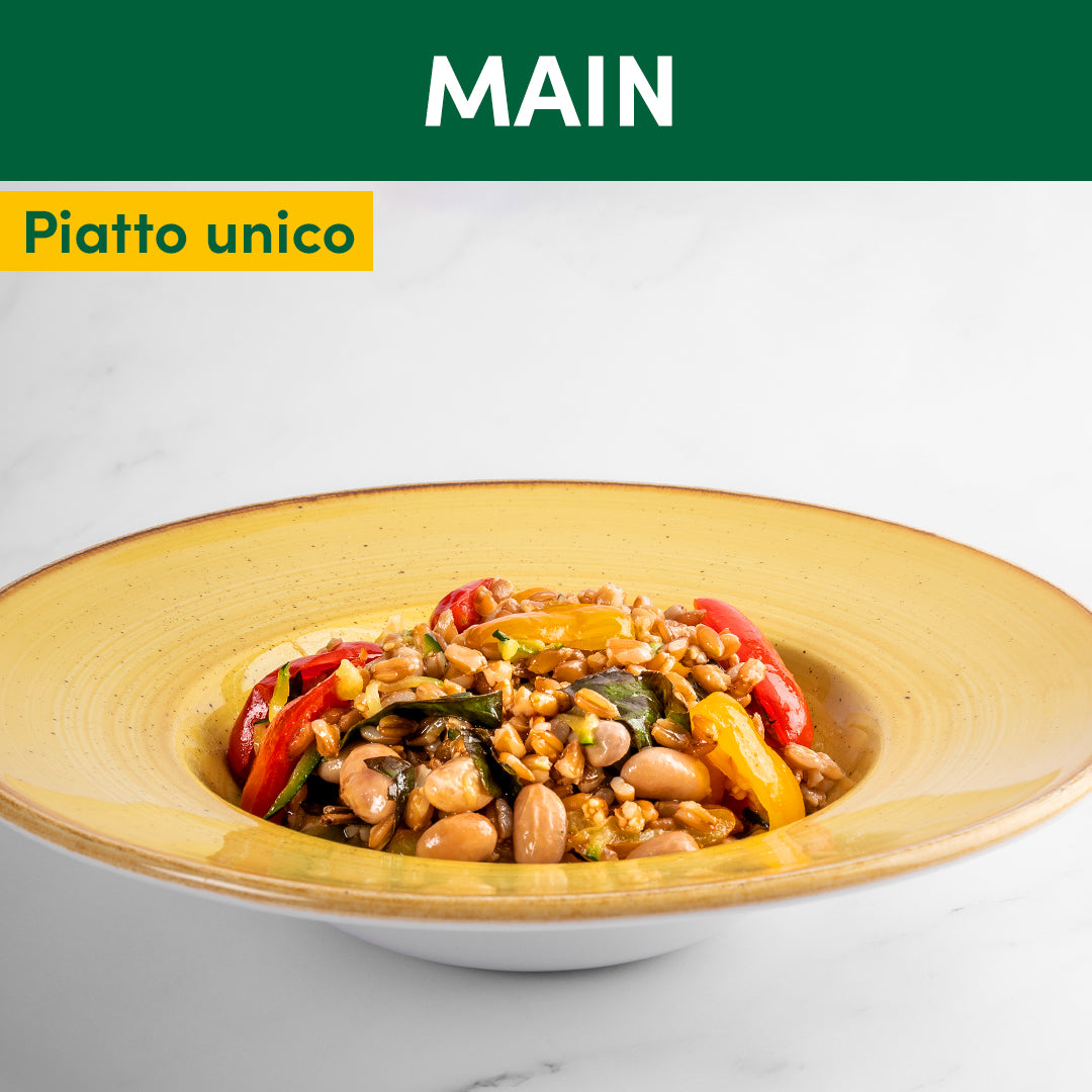 Insalata di farro con fagioli borlotti, verdure e basilico