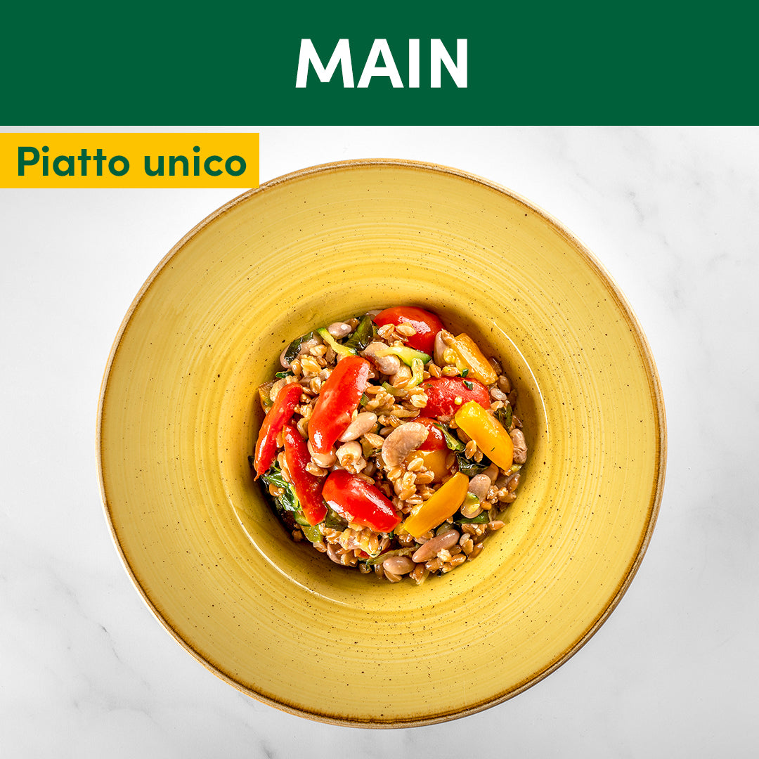 Insalata di farro con fagioli borlotti, verdure e basilico