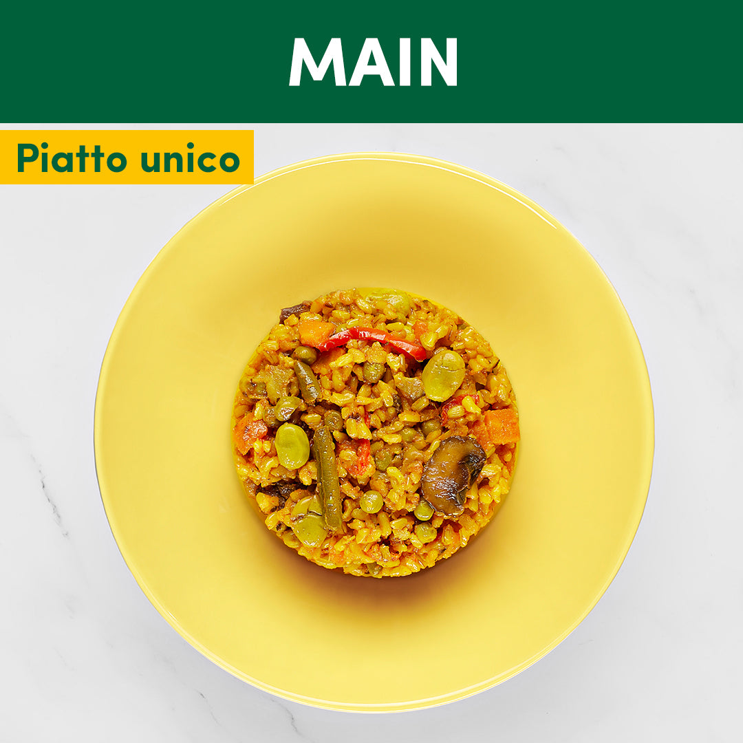 Paella Humamy di riso integrale, verdure piselli e fave