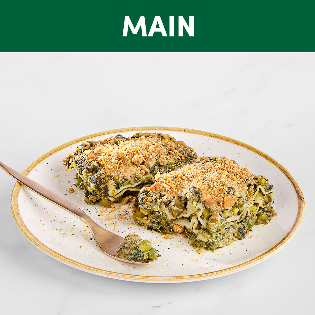 Lasagnetta di farro con broccoli, spinaci, piselli e pesto