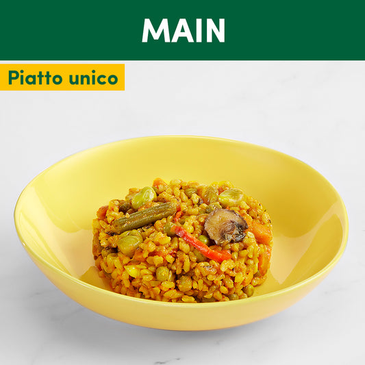 Paella Humamy di riso integrale, verdure piselli e fave